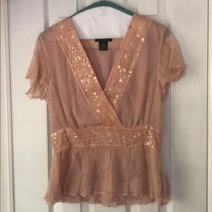 Delicate Pink Chiffon Blouse V Neck w/ Sequins PM